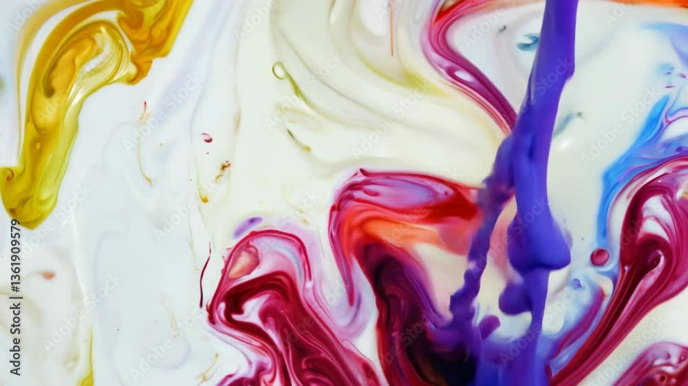 Poster a swirl of paint with a yellow line coming out of it. the paint is orange and red