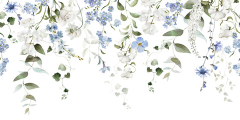 Seamless watercolor floral border. Hydrangea, myosotis, rose, peony. Blue green white flowers, leaves on white background. Fashion, fabric, pattern, wallpapers, prints, wedding invitations, clipart. © Veris Studio