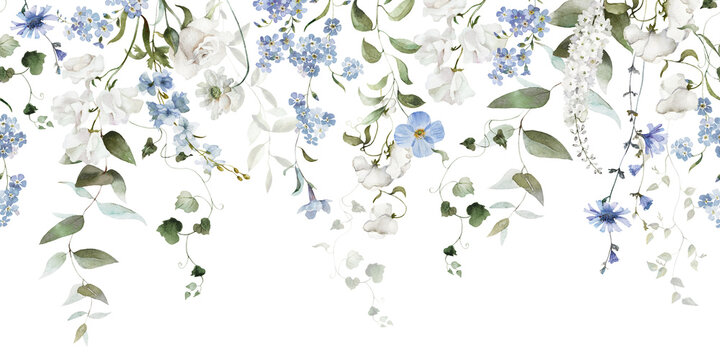 Seamless watercolor floral border. Hydrangea, myosotis, rose, peony. Blue green white flowers, leaves on white background. Fashion, fabric, pattern, wallpapers, prints, wedding invitations, clipart.