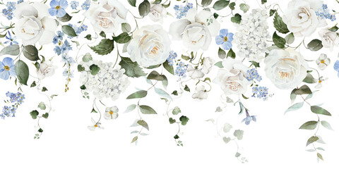 Seamless watercolor floral border. Hydrangea, myosotis, rose, peony. Blue green white flowers, leaves on white background. Fashion, fabric, pattern, wallpapers, prints, wedding invitations, clipart. © Veris Studio