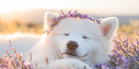 Obraz premium Fluffy samoyed puppy in lavender field with floral crown at sunset
