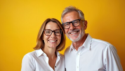 Portrait of smiling middle-aged couple wearing eyeglasses. Happy man woman posing against yellow background. Joyful faces, looking directly at camera. Positive vibe, happiness, love, togetherness.