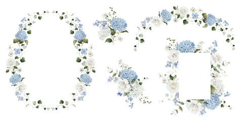 Watercolor floral illustration set. Hydrangea myosotis rose peony blue white flowers, green leaves branches collection. Bouquet wreath frame border. Wedding invitations, fashion, prints, templates.