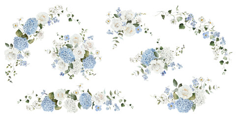 Watercolor floral illustration set. Hydrangea myosotis rose peony blue white flowers, green leaves branches collection. Bouquet wreath frame border. Wedding invitations, fashion, prints, templates.