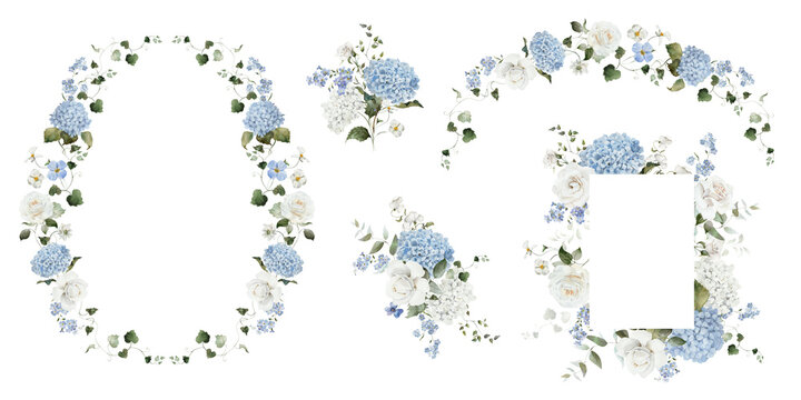 Watercolor floral illustration set. Hydrangea myosotis rose peony blue white flowers, green leaves branches collection. Bouquet wreath frame border. Wedding invitations, fashion, prints, templates.