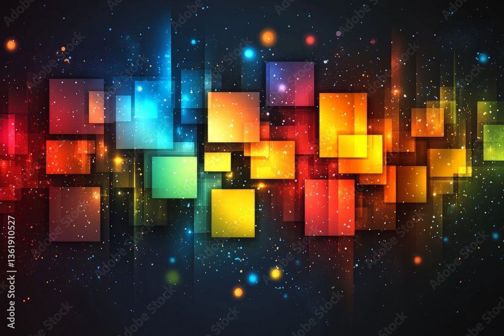 Poster vibrant digital abstract artwork featuring colorful squares and glowing particles in a dark backgrou