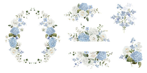 Watercolor floral illustration set. Hydrangea myosotis rose peony blue white flowers, green leaves branches collection. Bouquet wreath frame border. Wedding invitations, fashion, prints, templates.