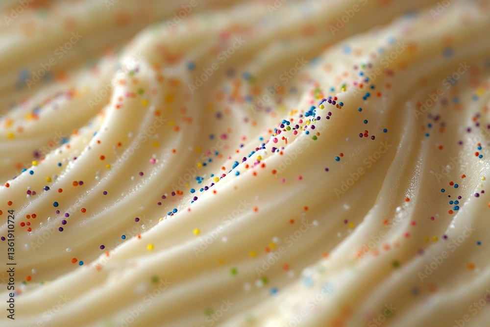 Aufkleber Delicious vanilla frosting topped with colorful sprinkles on a cake in a bakery setting during daytime