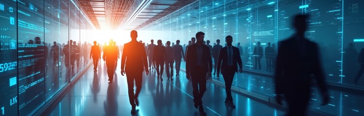 Business people walk through modern futuristic office. Group of workers, silhouettes, network connection. Digital technology, cyberspace, global communication, innovation, data transfer, big data