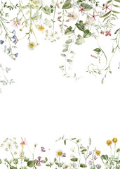 Watercolor wildflower floral illustration - green gold leaf flower ivy frame border, for wedding stationary, greetings, wallpapers, fashion, background, textile. Eucalyptus, olive, green leaves, etc.