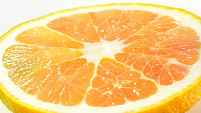 A slice of orange with a white background. The orange is cut in half and has a few seeds