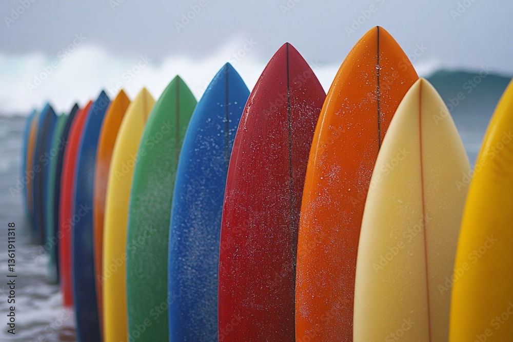 Aufkleber Colorful surfboards stand in a row at a beach during a cloudy day with large waves crashing in the background