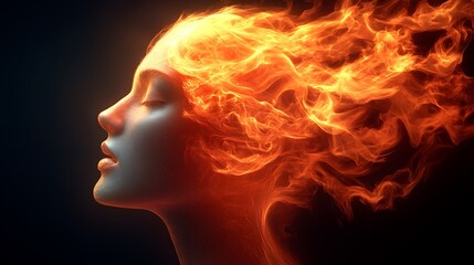 Fiery hair woman profile, dark background.