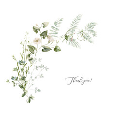 Watercolor wildflower floral illustration - green gold leaf flower ivy bouquet, for wedding stationary, greetings, wallpapers, fashion, background, textile. Eucalyptus, olive, green leaves, etc.