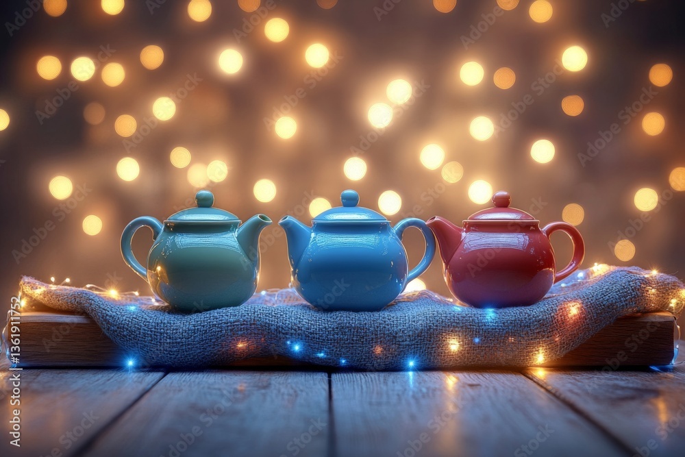 Poster Three decorative teapots with warm glowing lights in the background create a cozy atmosphere during a gathering