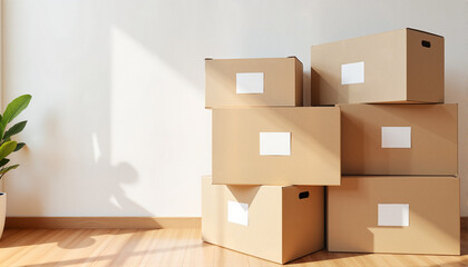 Stacked cardboard boxes in a sunny room for blogs, websites, moving tips, organization projects, home decor ideas, storage solutions, and digital content