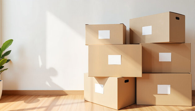 Stacked cardboard boxes in a sunny room for blogs, websites, moving tips, organization projects, home decor ideas, storage solutions, and digital content