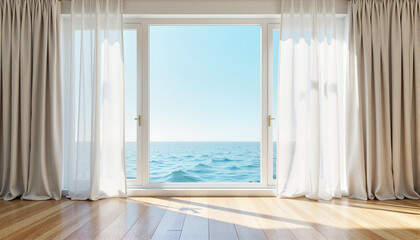 Fototapeta premium Modern room with ocean view through large windows for blogs, websites, interior design projects, vacation rentals, real estate listings, and home décor inspiration