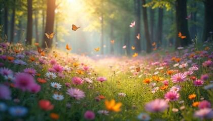 Enchanting forest meadow, sunbeams, butterflies. Colorful wildflowers bloom in sunlight, creating dreamy, idyllic scene. Magical, tranquil nature wallpaper, inspiring art, capturing beauty, serenity,