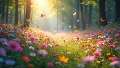 Foto auf Acrylglas Pflegezentrum Enchanting forest meadow, sunbeams, butterflies. Colorful wildflowers bloom in sunlight, creating dreamy, idyllic scene. Magical, tranquil nature wallpaper, inspiring art, capturing beauty, serenity,  © Viktor