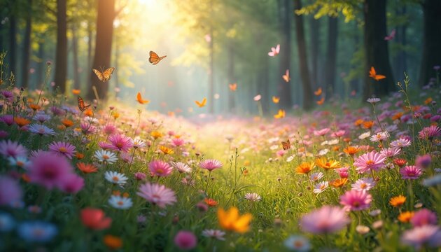 Enchanting forest meadow, sunbeams, butterflies. Colorful wildflowers bloom in sunlight, creating dreamy, idyllic scene. Magical, tranquil nature wallpaper, inspiring art, capturing beauty, serenity,