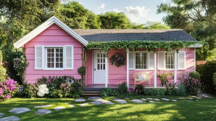 Charming pink cottage surrounded by lush greenery and vibrant flowers in a sunny garden