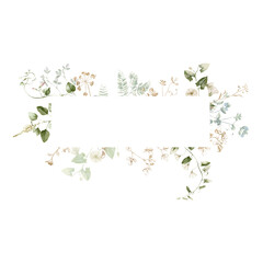 Watercolor wildflower floral illustration - green gold leaf flower ivy frame wreath, for wedding stationary, greetings, wallpapers, fashion, background, textile. Eucalyptus, olive, green leaves, etc.
