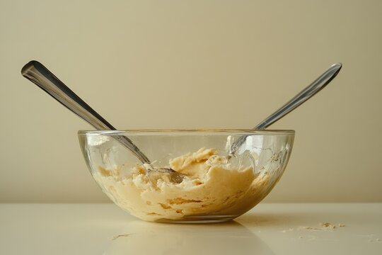 Two Tablespoons. Large Glass Bowl with Leftovers of Batter for Cooking in Kitchen