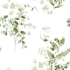 Wildflower watercolor floral seamless pattern - flowers, green leaves, branches on white background, Wrapping paper, wallpaper, postcard, greeting card, wedding invitation, textile, fashion, print. © Veris Studio