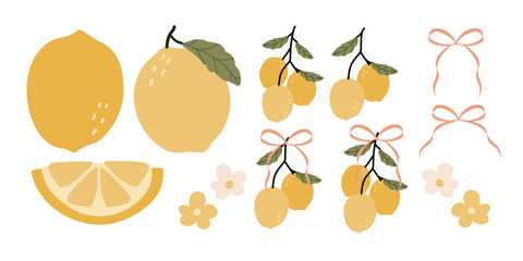 Vector hand drawn clipart of lemon. Set of lemon branch with bows. Floral yellow summer collection isolated on transparent background
