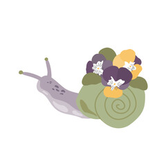 Vector hand drawn colorful snails with bouquet of violet and yellow flowers like pansies. Illustration of spring cochleas with shells crawling