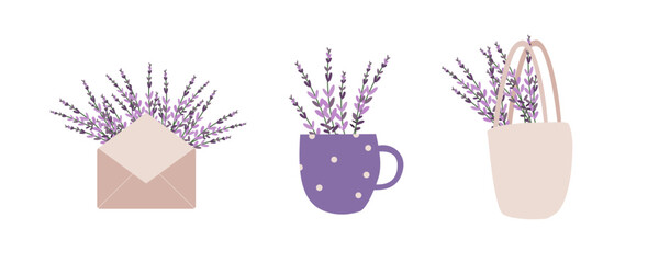 Spring flower bouquets of lavenderand in shopping bag, envelope and cup. Hand drawn flat design clipart illustration compositions isolated on transparent background. Violet plants.