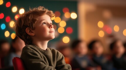 Thoughtful young boy gazing up with wonder amid soft bokeh lights, capturing the essence of childhood curiosity and imagination in a warm setting