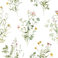 Wildflower watercolor floral seamless pattern - flowers, green leaves, branches on white background, Wrapping paper, wallpaper, postcard, greeting card, wedding invitation, textile, fashion, print.