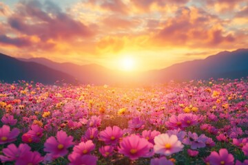 Fototapeta premium Sunset over a blooming flower field with mountains in the background during golden hour
