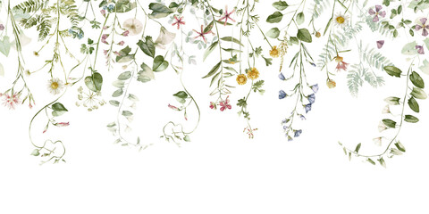 Watercolor wildflower floral seamless border - illustration with flowers, green leaves and branches, for wedding stationary greetings, wallpapers, fashion, backgrounds, textures, DIY, wrappers, cards. © Veris Studio