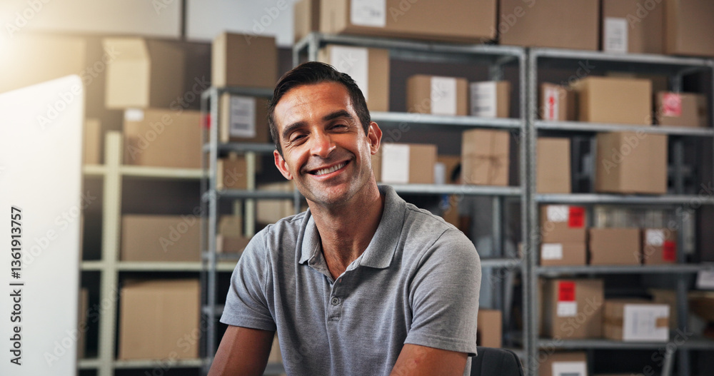 Poster computer, portrait and supply chain with man in distribution center for schedule or stock update. bo