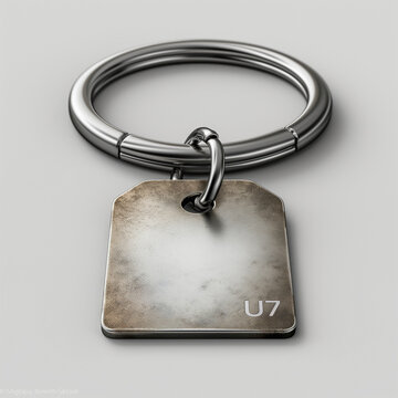 Metal keychain featuring a minimalist rectangular tag with the code 'U7' engraved, highlighting a sleek, modern design.