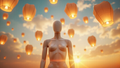 Mannequin surrounded by floating lanterns at sunset for blogs, websites, artistic designs, creative projects, inspirational themes, and digital illustrations