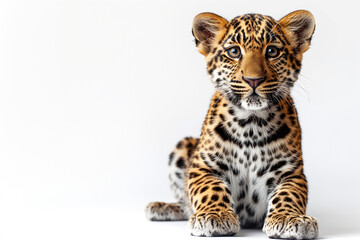 Obraz premium A lively young leopard cub with striking markings, resting against a clean white background.