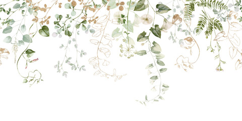 Watercolor wildflower floral seamless border - illustration with flowers, green leaves and branches, for wedding stationary greetings, wallpapers, fashion, backgrounds, textures, DIY, wrappers, cards. © Veris Studio
