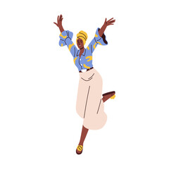 Happy young black woman jumping with joyful smile, arms spread. Energetic African American female celebrating, festive emotion, excited pose. Flat vector illustration isolated on white background