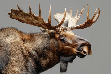 A majestic moose with impressive antlers showcasing its strength and grace against a neutral background.