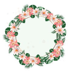 Tropical Wreath Frame with Pink and White Exotic Flowers, Green Palm Leaves, and Watercolor Splashes. Elegant Botanical Circle Border for Wedding Invitations, Greeting Cards, and Text Space Design