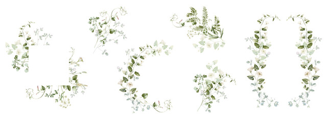 Watercolor wildflower floral illustration set - green gold flower daisy ivy wreath frame border bouquet. Wedding stationary, greetings, wallpaper, fashion, background, textile. Eucalyptus, olive, ivy.