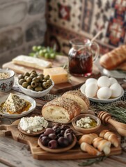 Explore the delightful flavors of a traditional Turkish breakfast with assorted cheeses, olives, and freshly baked bread