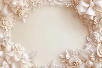 
A frame with bows and flowers, pearls on the edges, a beige background, and a white color palette, in the .

