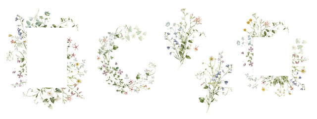 Watercolor wildflower floral illustration set - green gold flower daisy ivy wreath frame border bouquet. Wedding stationary, greetings, wallpaper, fashion, background, textile. Eucalyptus, olive, ivy.