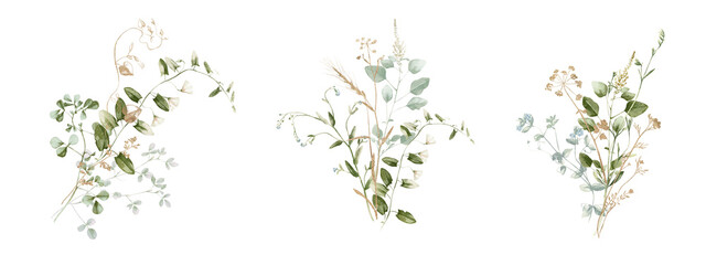 Watercolor wildflower floral illustration set - green gold flower daisy ivy wreath frame border bouquet. Wedding stationary, greetings, wallpaper, fashion, background, textile. Eucalyptus, olive, ivy.