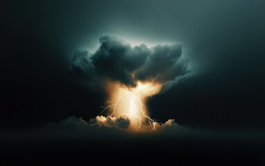 A dramatic image of a lightning strike within a dark, stormy sky.  The lightning is bright yellow-orange, contrasting with the deep teal and black clouds. The overall mood is intense and powerful